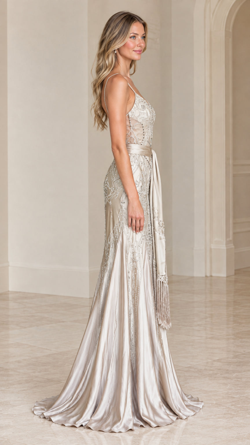 Champagne beaded satin evening gown side profile view