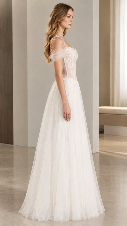Side profile view of white corset tulle formal evening dress