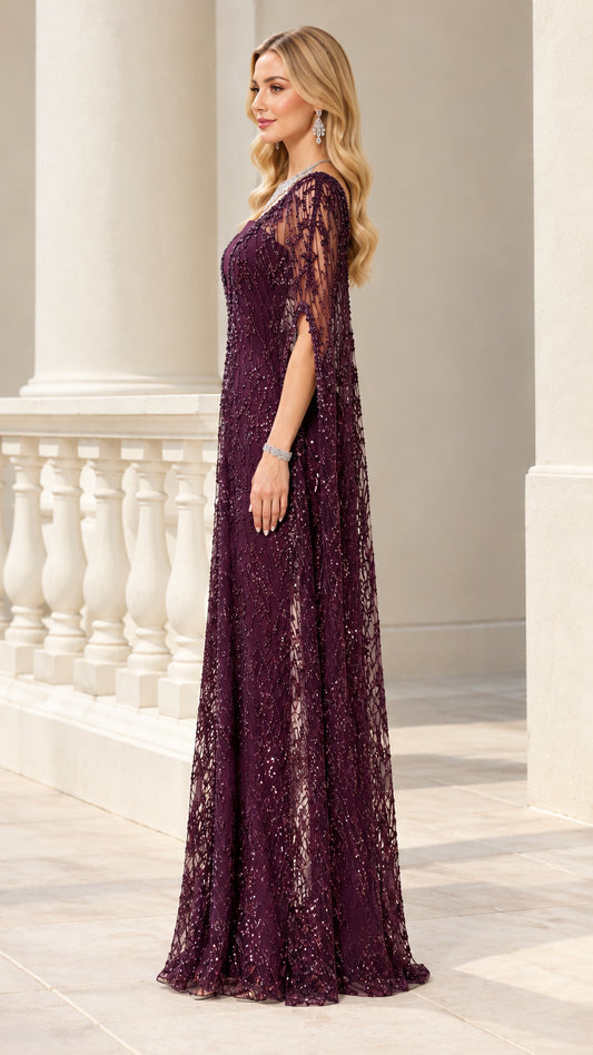 Plum formal cape sleeve dress side angle view