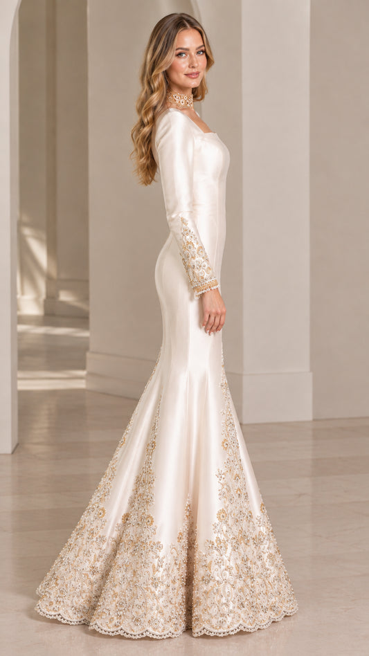 Side profile view of ivory long sleeve satin mermaid dress with ornate embroidered hem