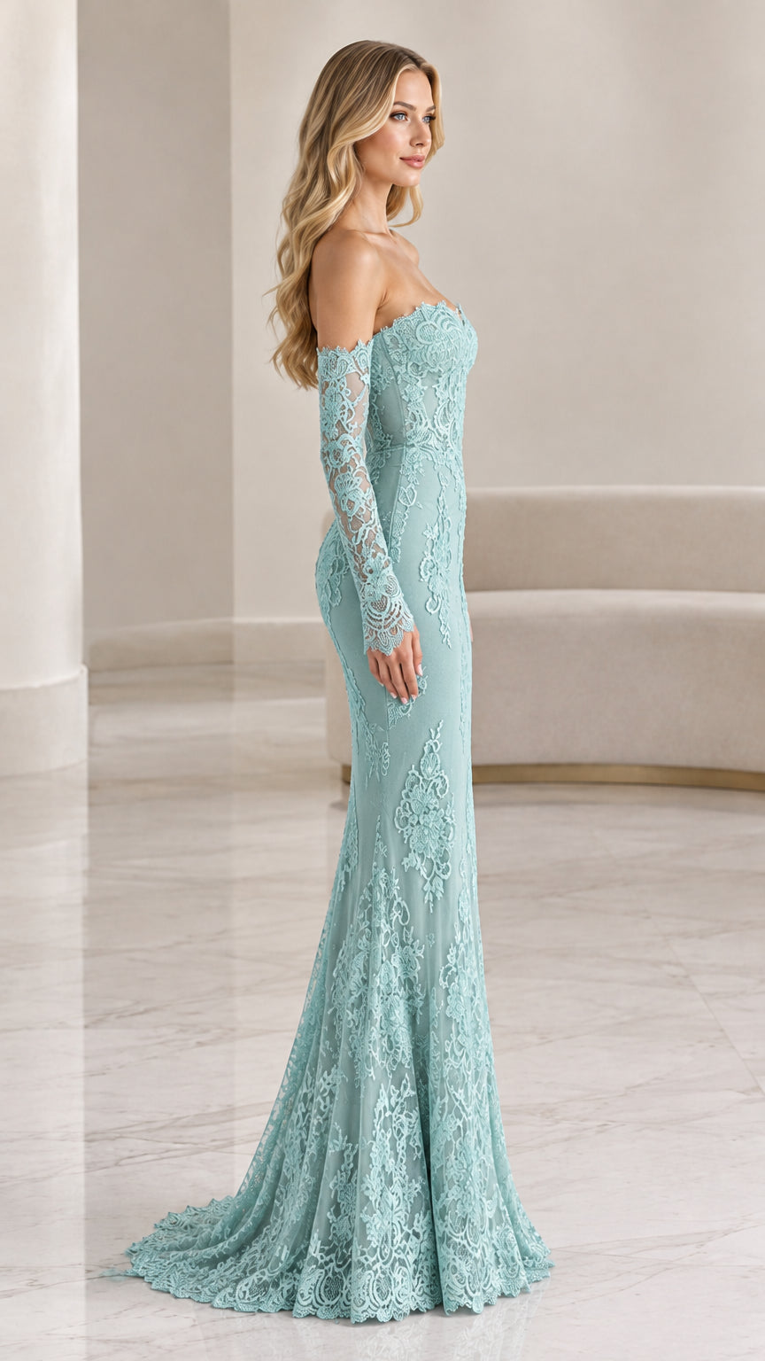 Side profile view of sage green long sleeve lace formal evening dress