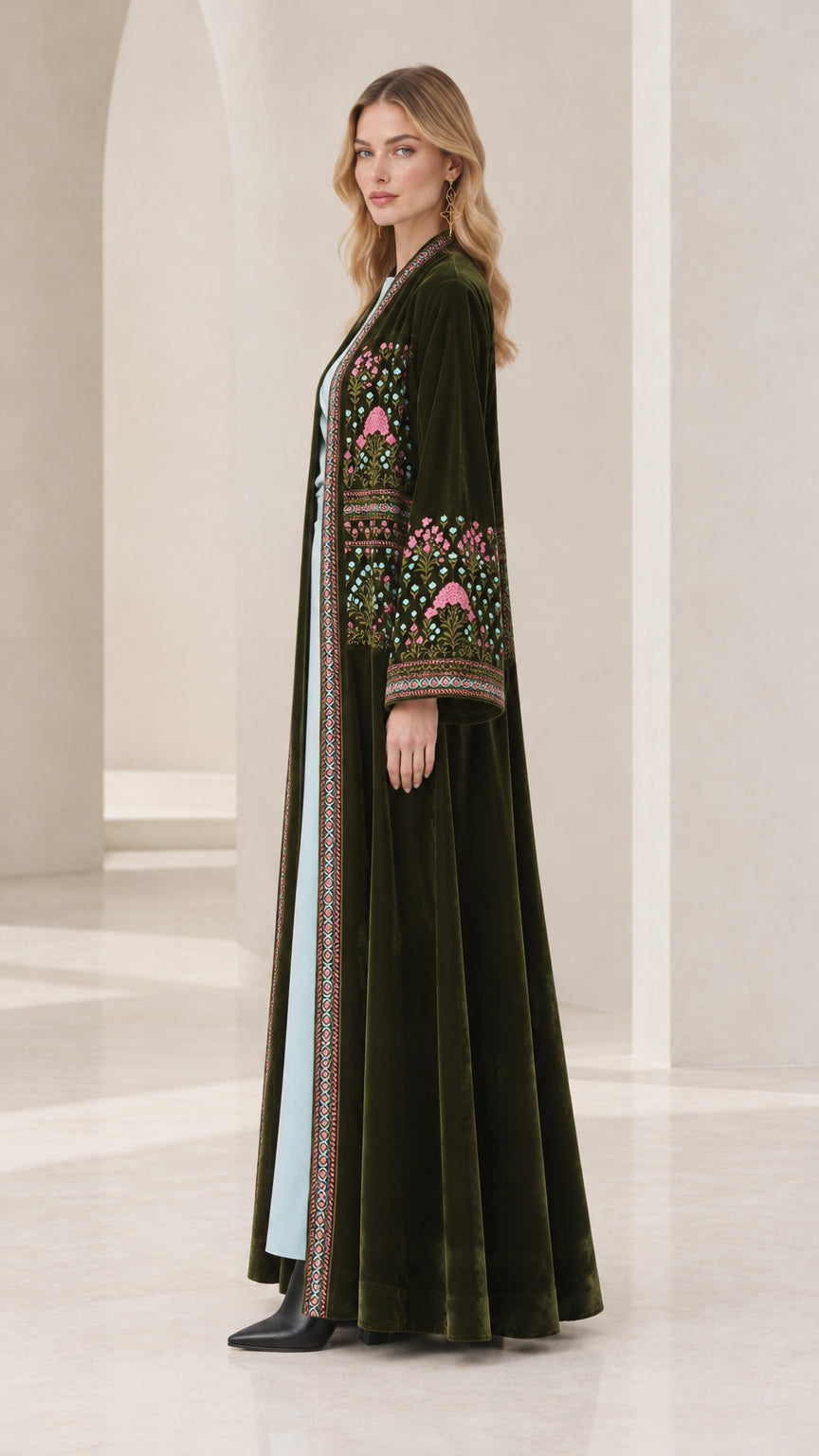 Side profile of Dark Green embroidered velvet maxi duster cardigan