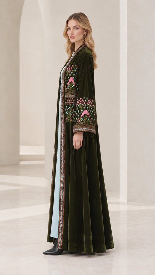 Side profile of Dark Green embroidered velvet maxi duster cardigan