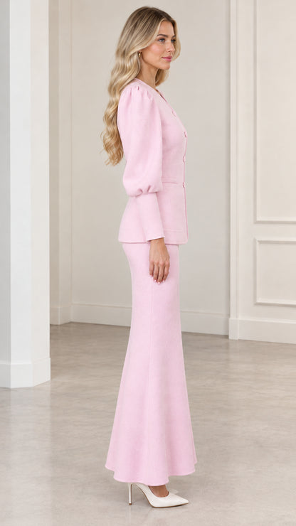 Side profile view of Light Pink tailored two-piece maxi skirt set