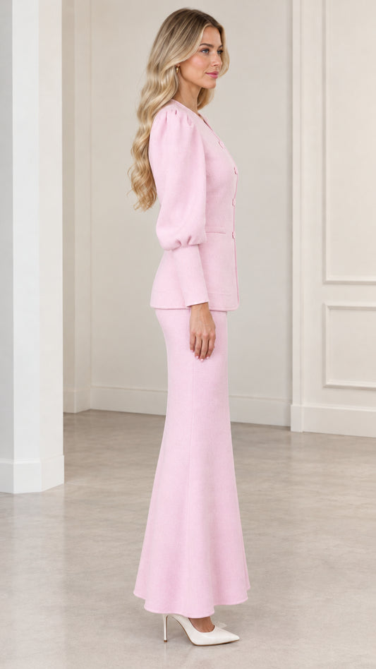 Side profile view of Light Pink tailored two-piece maxi skirt set