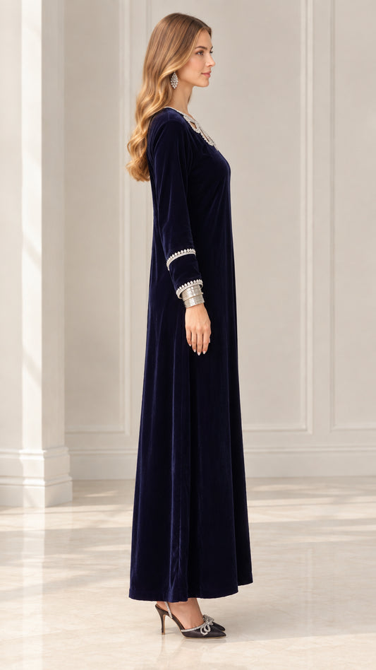 Side view of Navy Blue velvet maxi dress showing sleek silhouette
