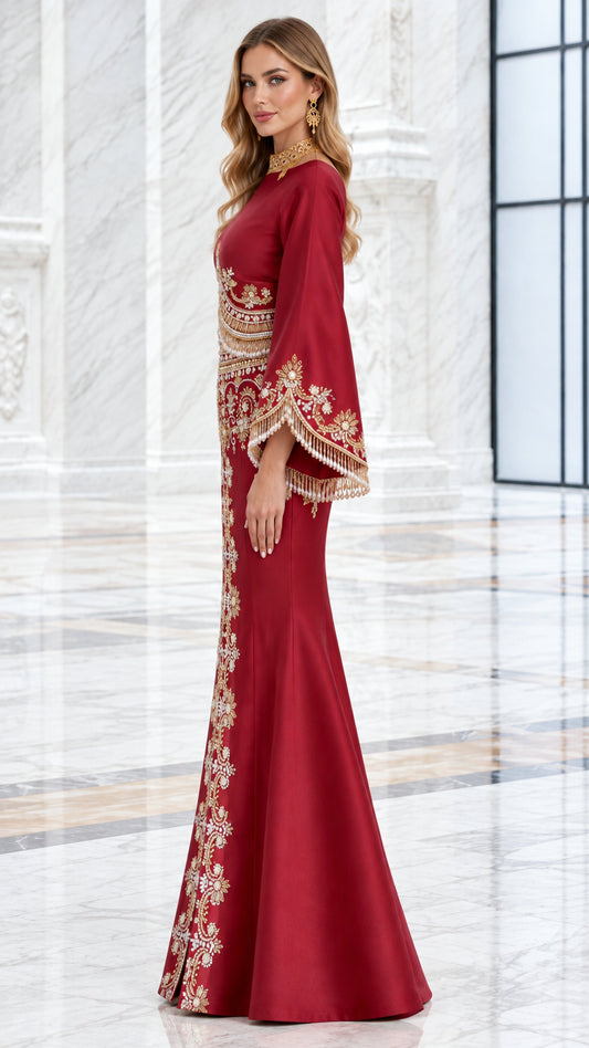 Burgundy formal mermaid gown shown from a side angle with bell sleeves