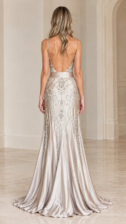 Champagne backless beaded mermaid maxi gown back view
