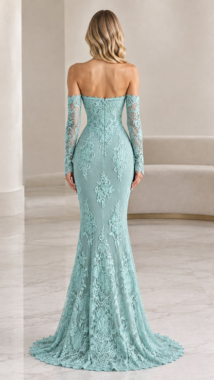 Back view of model in sage green off-the-shoulder lace dress with sweep train