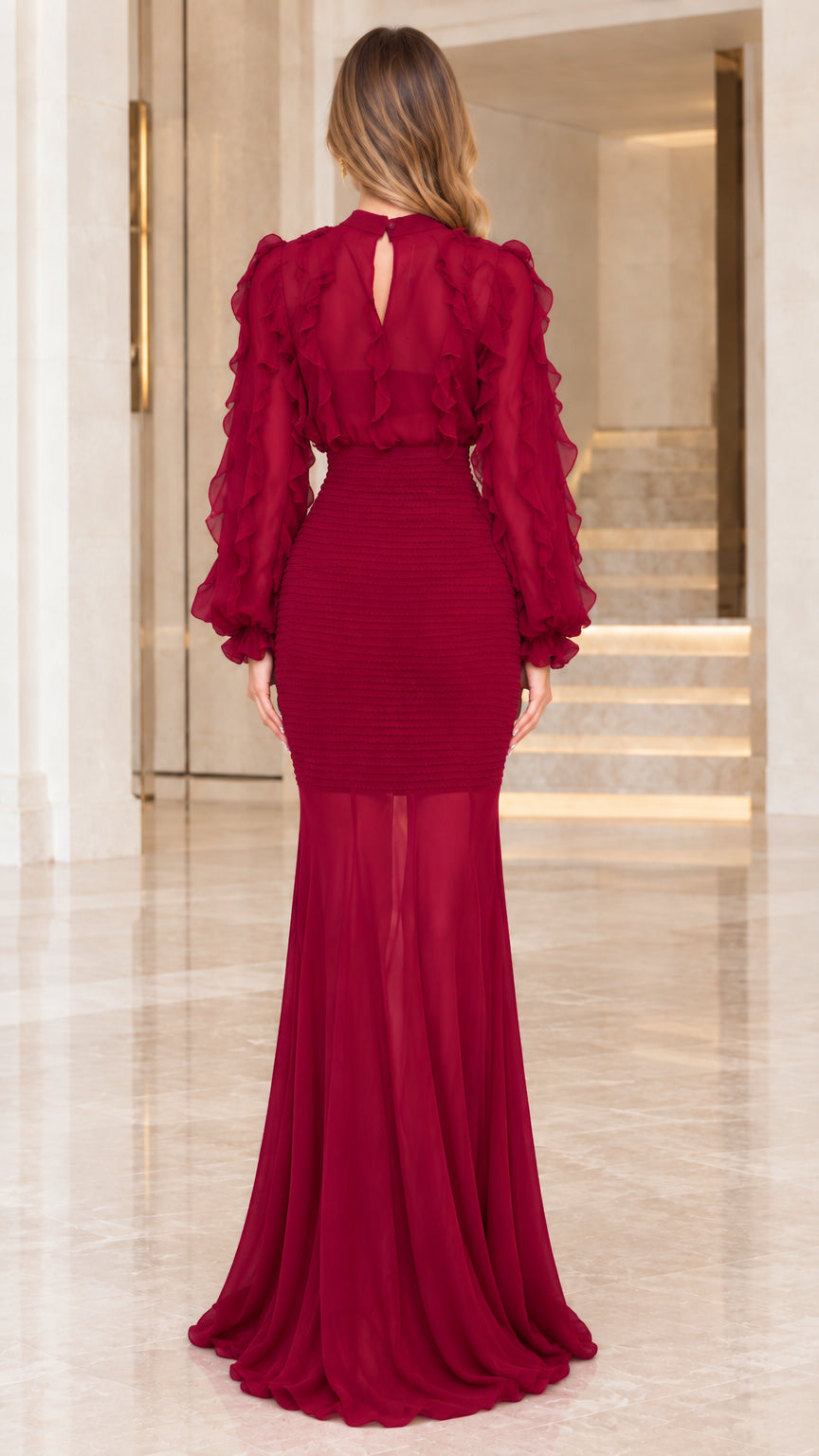 Back view of model wearing Wine Red long sleeve gown showing keyhole closure