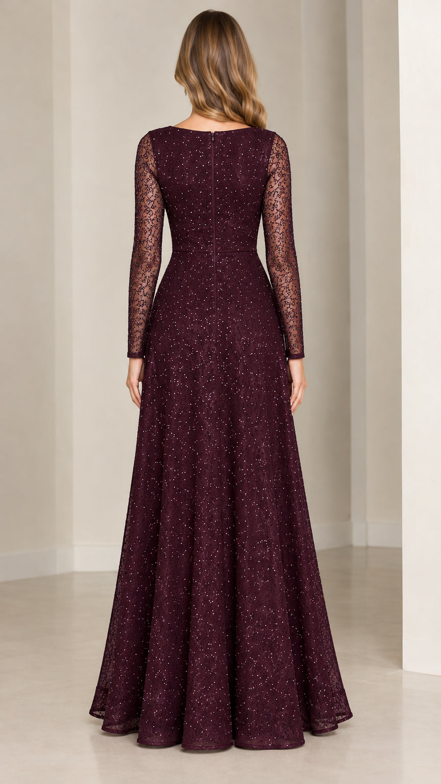Back view of model in burgundy floor-length sequin lace evening dress