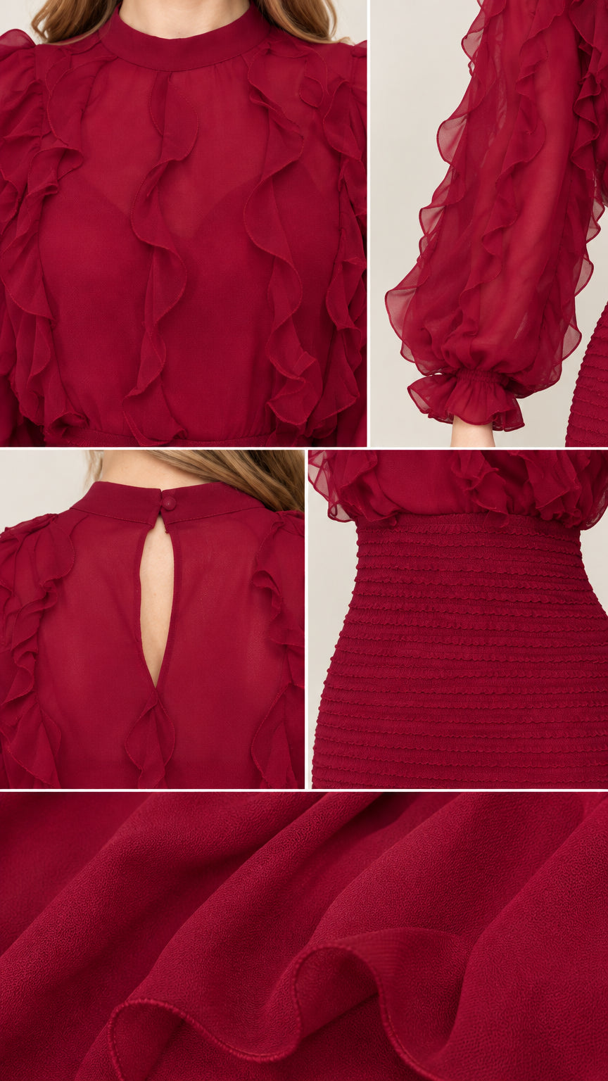 Close-up details of Wine Red chiffon ruffles, bishop sleeve cuffs, keyhole back, and smocked fabric