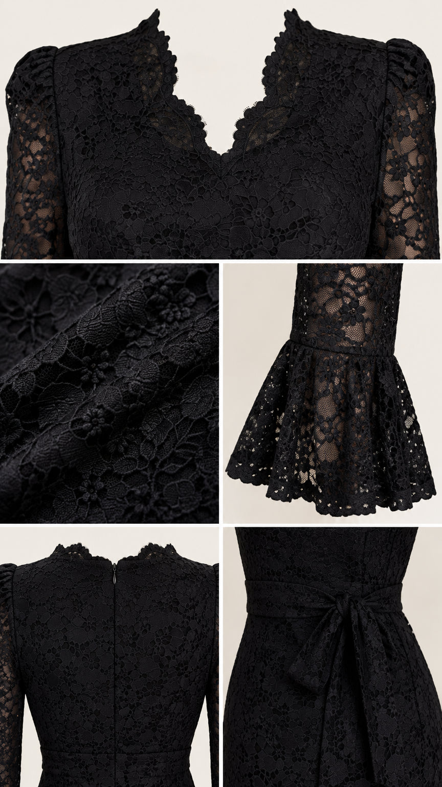 Close-up details of black lace fabric, scalloped neckline, bell cuffs, and back zipper