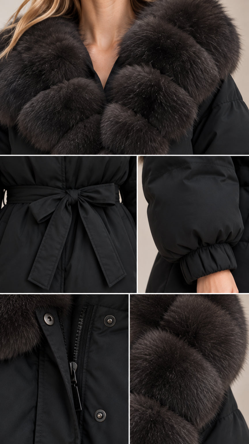 Close-up details of plush fur collar, tie belt, zipper, and elastic cuff