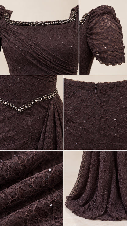 Close-up details of beadwork trim, lace texture, zipper, and hemline finish