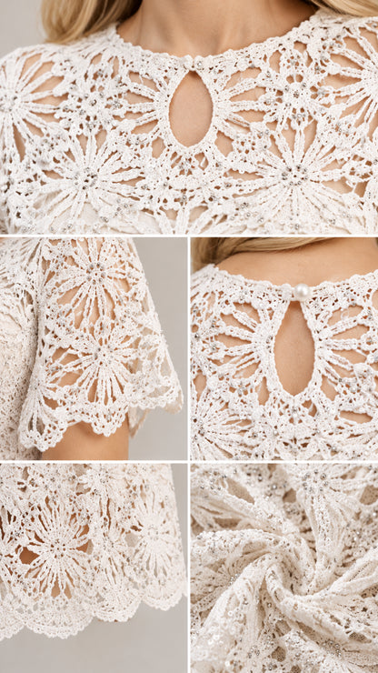 Close-up details of keyhole neckline, crochet lace fabric, and scalloped hem