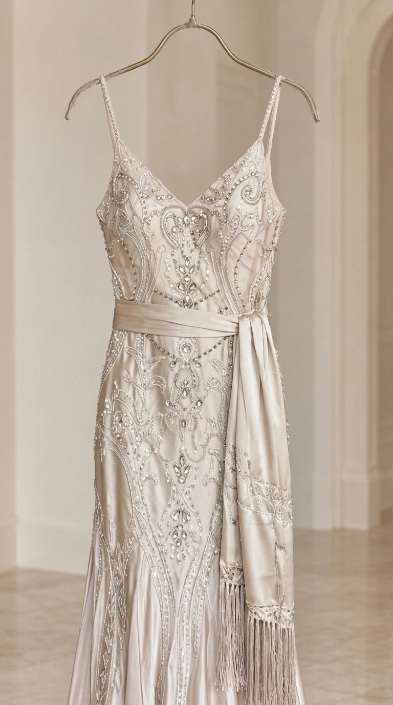 Close-up detail of champagne beaded embroidery and fringe sash on hanger