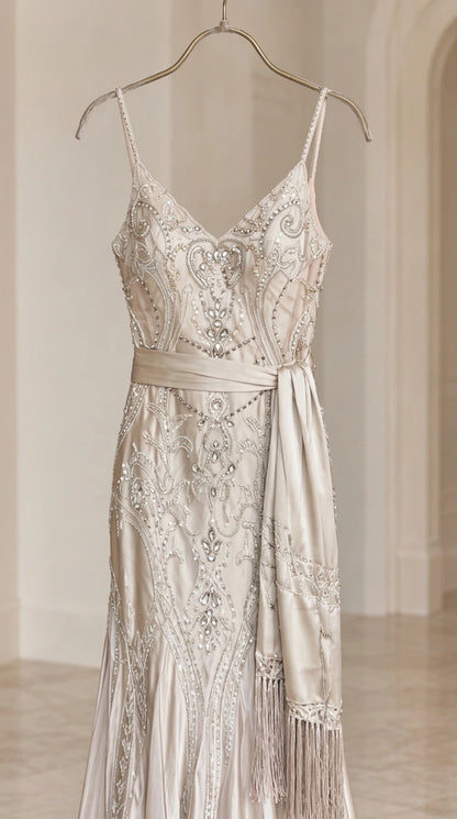 Close-up detail of champagne beaded embroidery and fringe sash on hanger