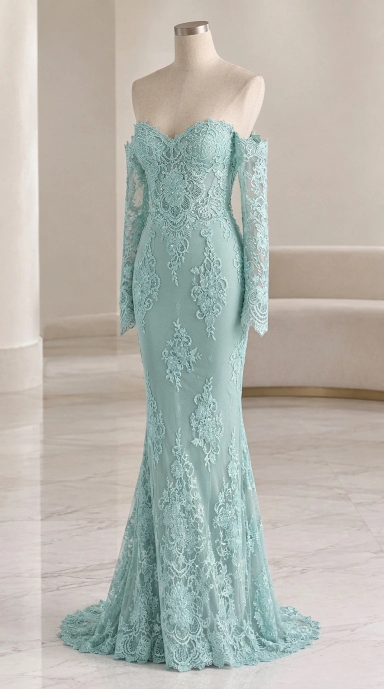 Sage green off-the-shoulder lace mermaid gown displayed on mannequin