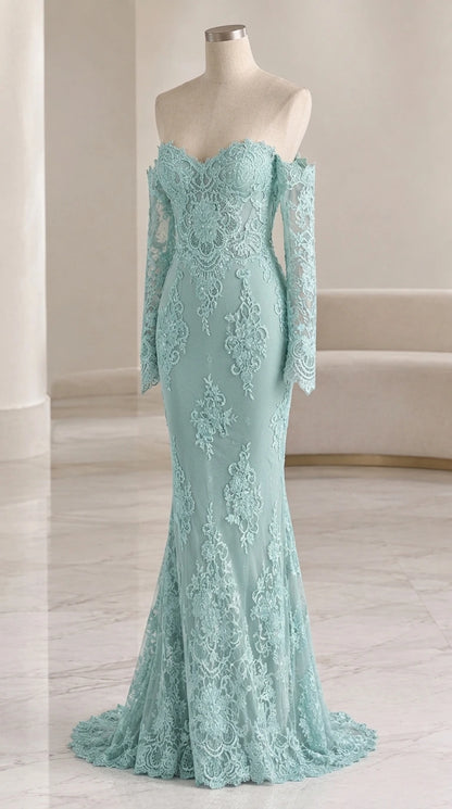 Sage green off-the-shoulder lace mermaid gown displayed on mannequin