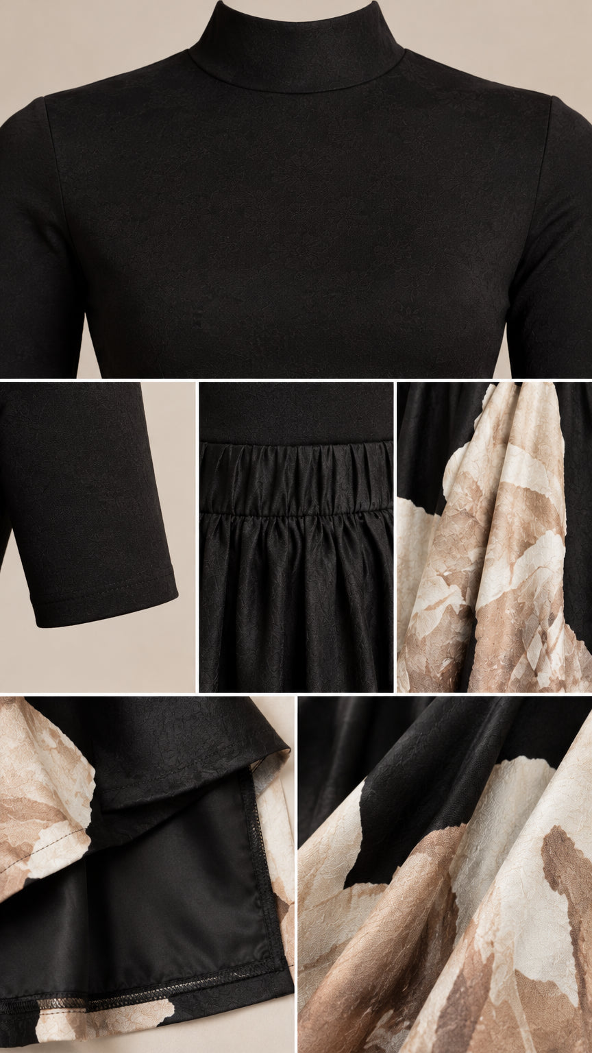 Close-up details of mock neckline, sleeve cuff, gathered elastic waistband, and floral skirt fabric