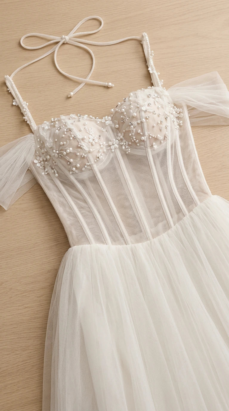 Close-up detail of pearl-embellished corset bodice and tulle construction