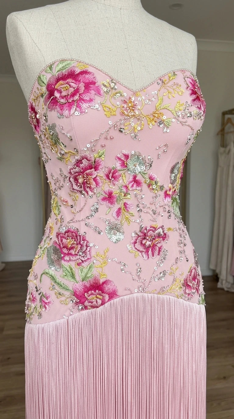 Close-up detail of mannequin displaying blush pink floral sequin embroidery and fringe