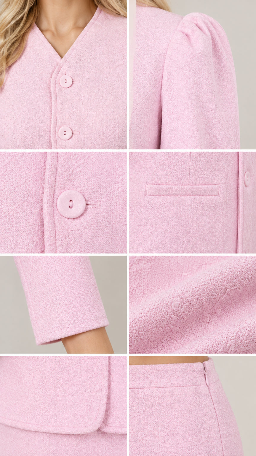 Close-up details of Light Pink textured fabric, covered buttons, puff sleeve, and zipper