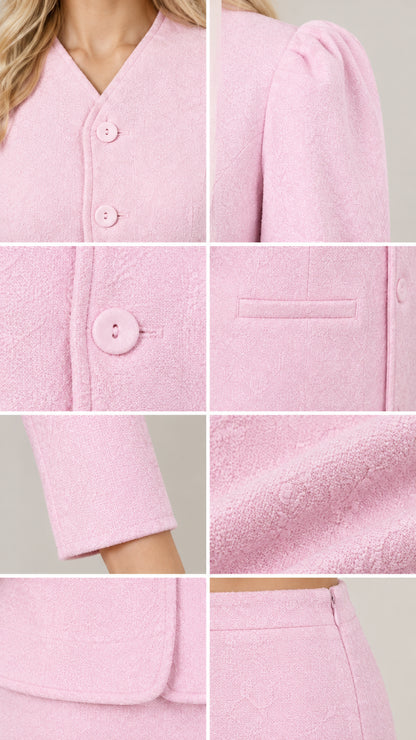 Close-up details of Light Pink textured fabric, covered buttons, puff sleeve, and zipper