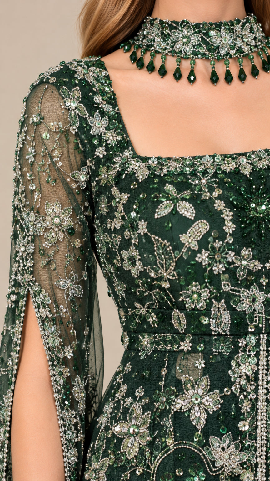 Close-up detail of emerald green embroidered floral beadwork, neckline, and matching choker necklace
