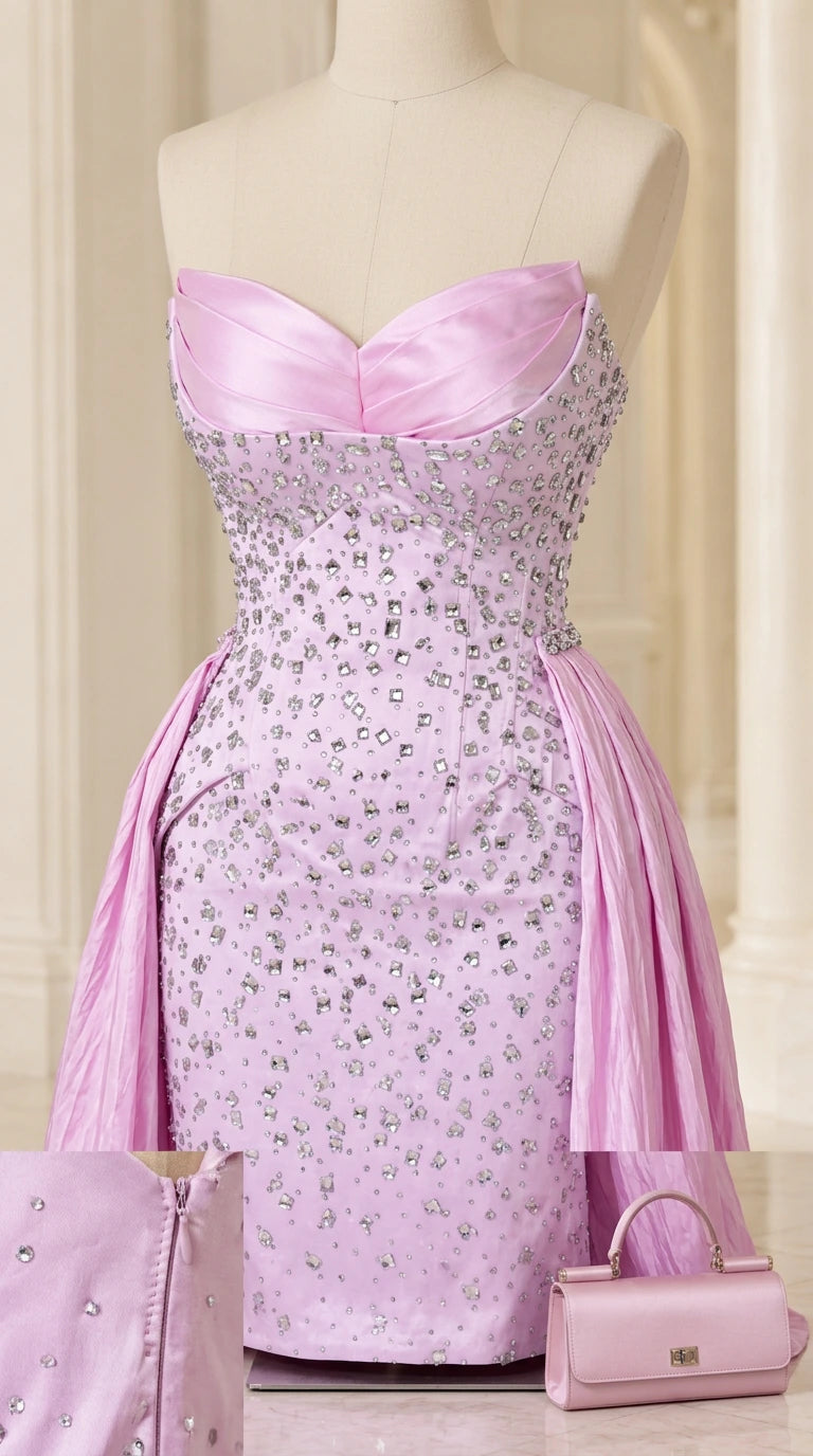 Mannequin close-up of lavender crystal beaded sweetheart bodice and satin fabric details