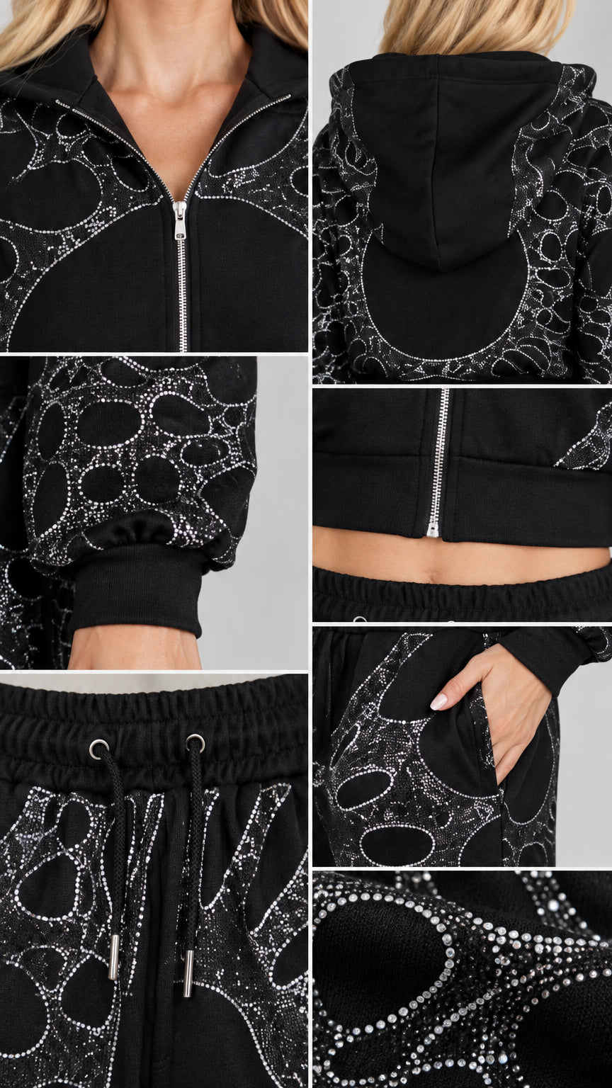 Close-up details of black rhinestone hoodie zipper, drawstring waist, and cuff
