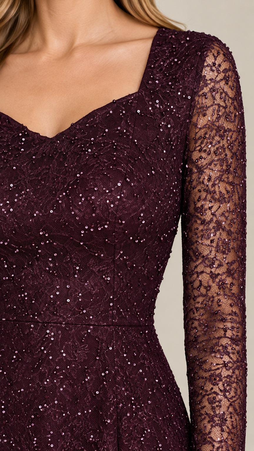 Close-up detail of burgundy sequin lace fabric and sweetheart neckline