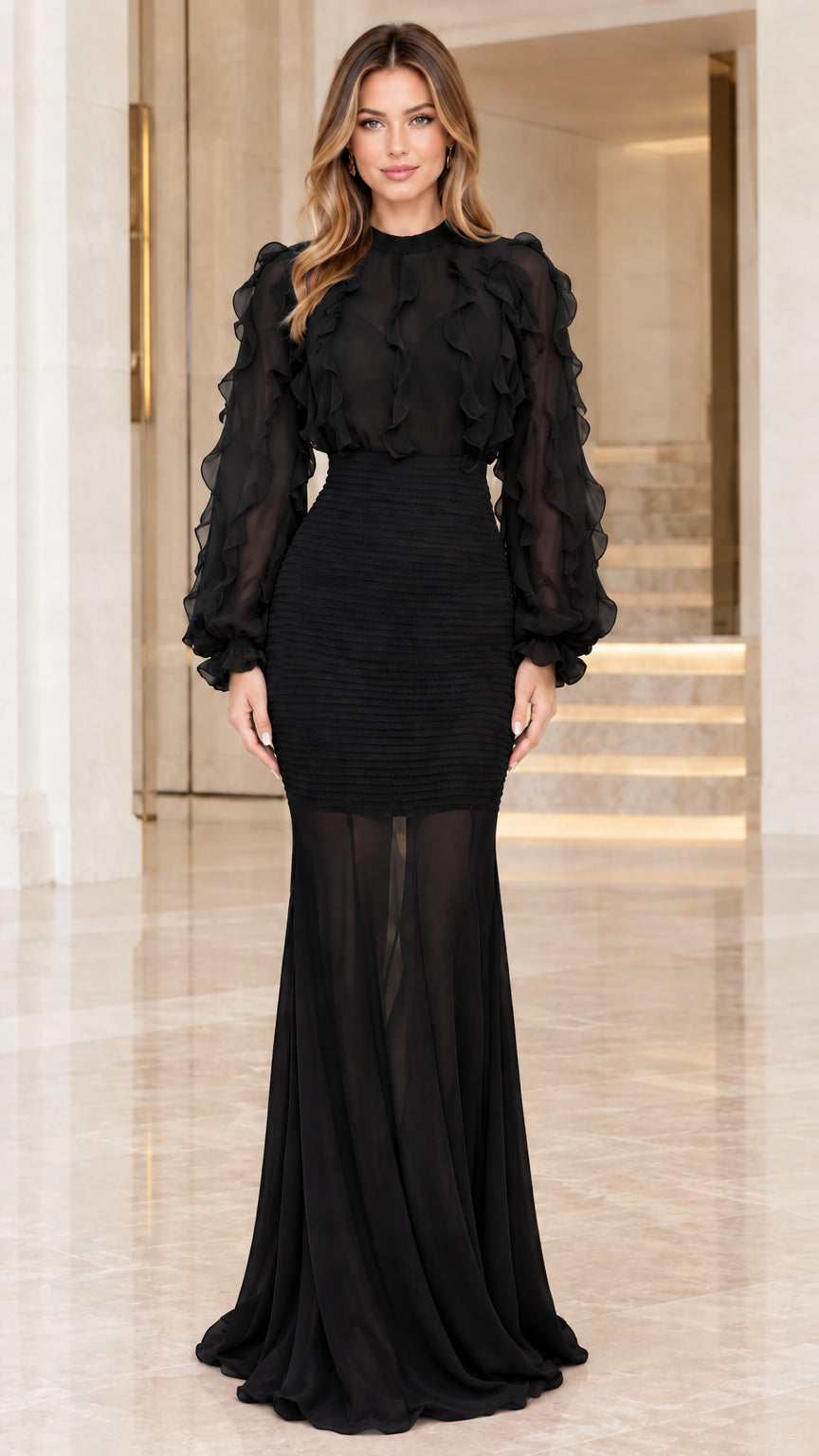 Model wearing Black ruffled long sleeve smocked mermaid evening dress