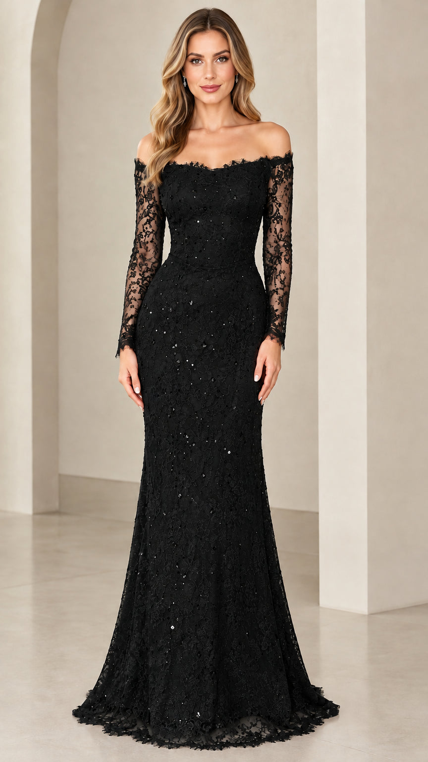 Front view of woman wearing black off-the-shoulder long sleeve lace evening gown