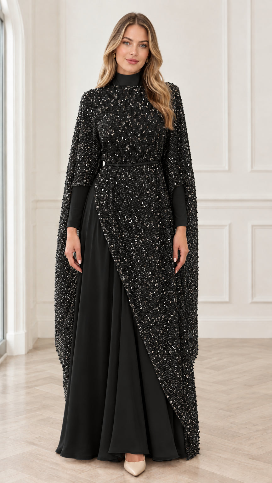 Black high neck sequin cape maxi evening gown