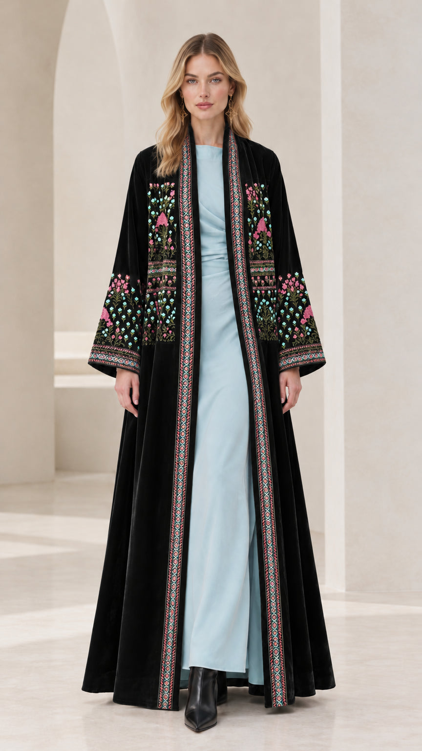 Front view of Black embroidered velvet maxi open-front kimono