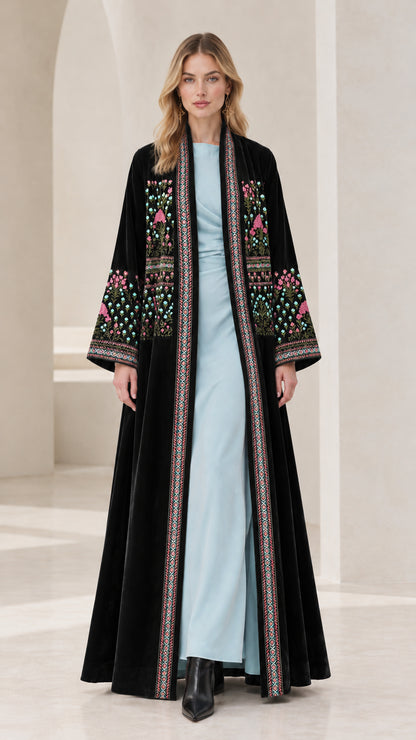 Front view of Black embroidered velvet maxi open-front kimono