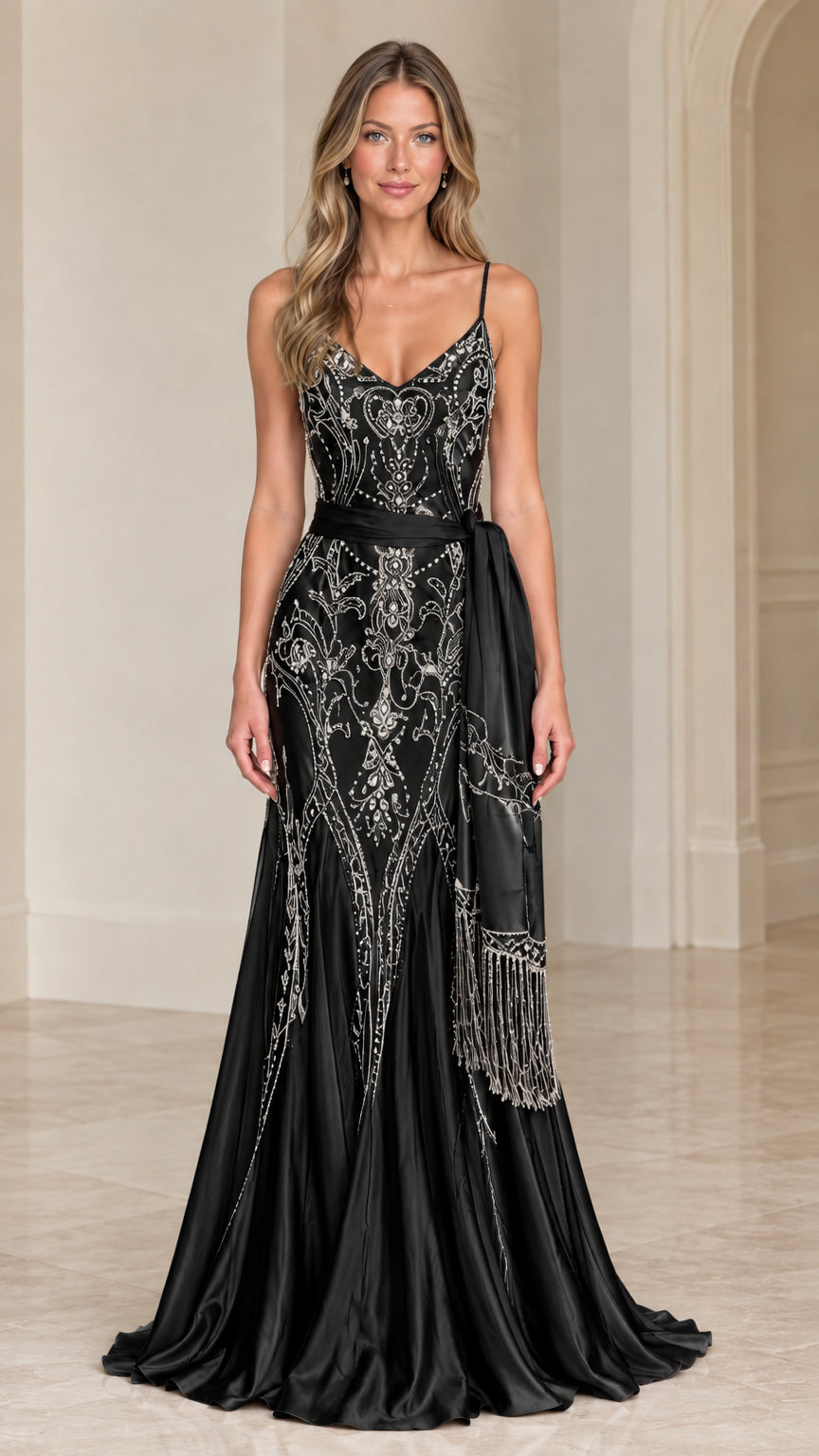 Black beaded embroidered satin mermaid evening gown with fringe sash