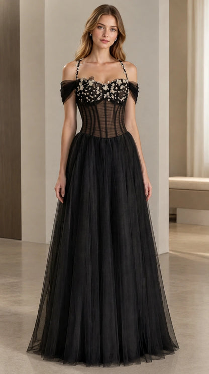Full front view of black corset bodice tulle maxi evening gown