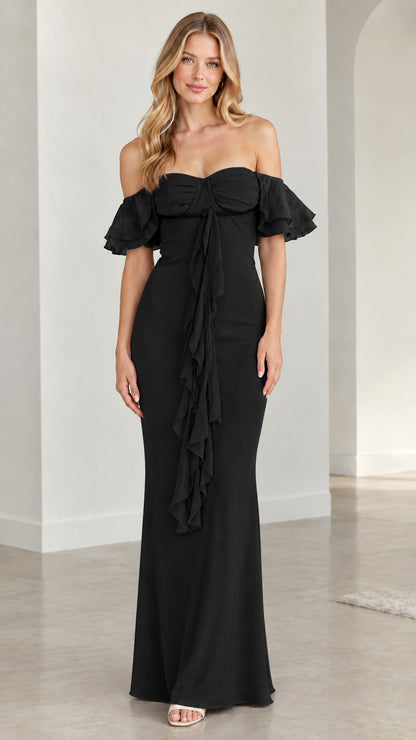Front view of model wearing black off-the-shoulder formal maxi dress