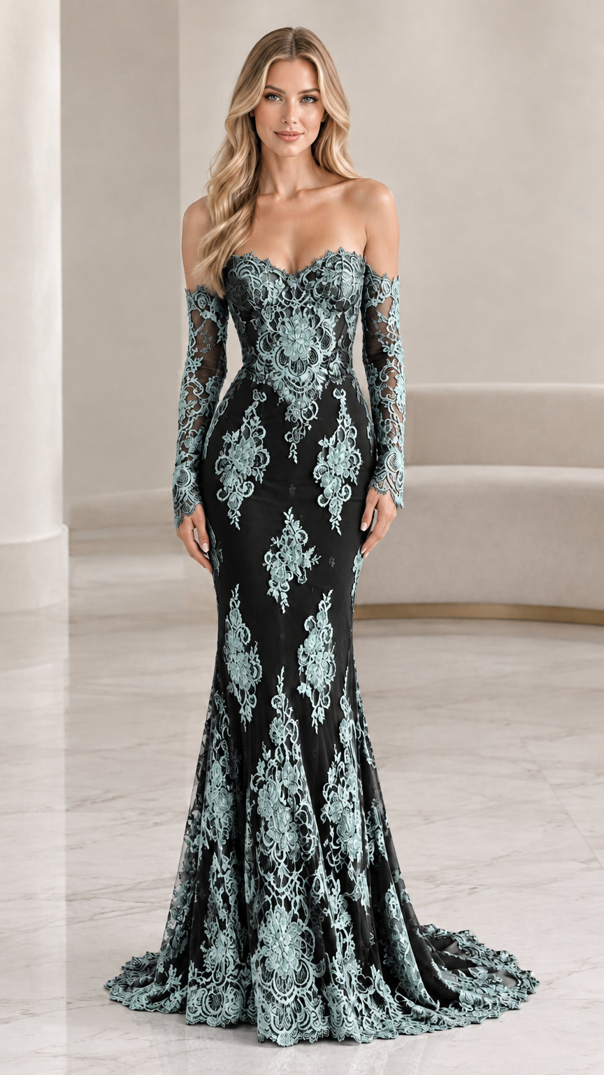 Model wearing black and teal contrast lace off-the-shoulder evening gown