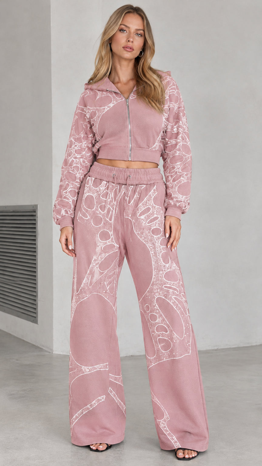 Dusty pink rhinestone cropped zip hoodie and wide leg sweatpants two piece set