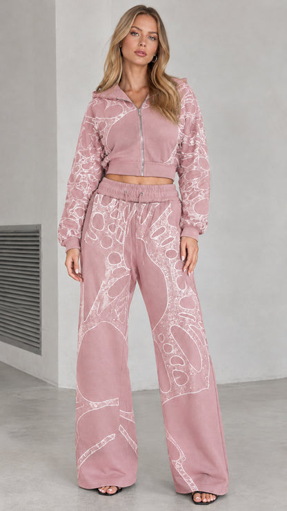 Dusty pink rhinestone cropped zip hoodie and wide leg sweatpants two piece set