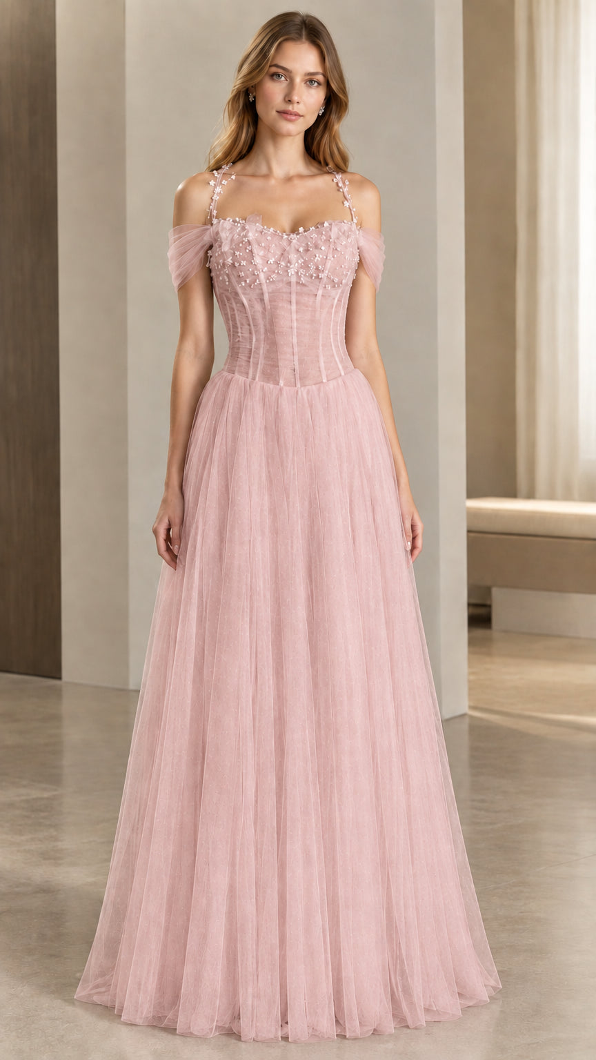 Full front view of blush pink off-shoulder corset tulle evening gown