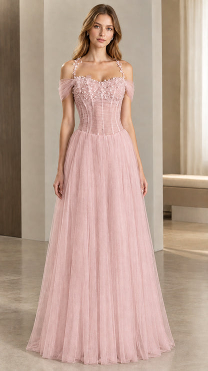 Full front view of blush pink off-shoulder corset tulle evening gown