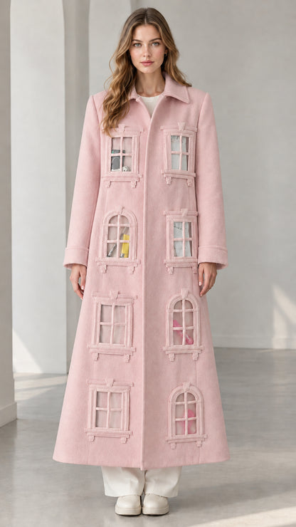 Full-length view of pastel pink architectural window appliqué maxi coat