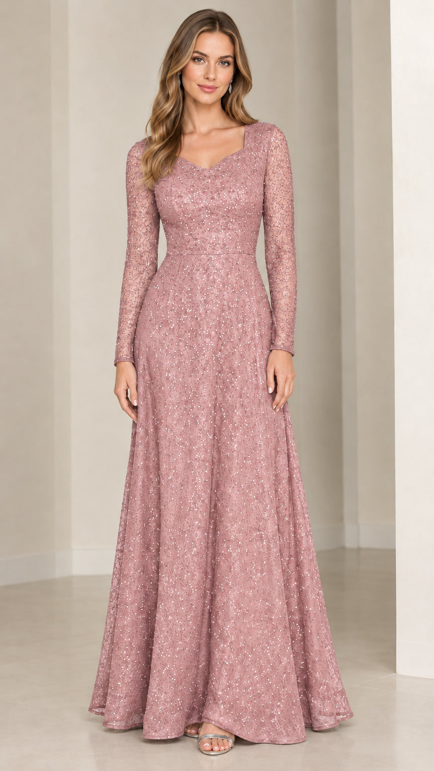 Front view of dusty rose long sleeve sequin lace evening maxi dress