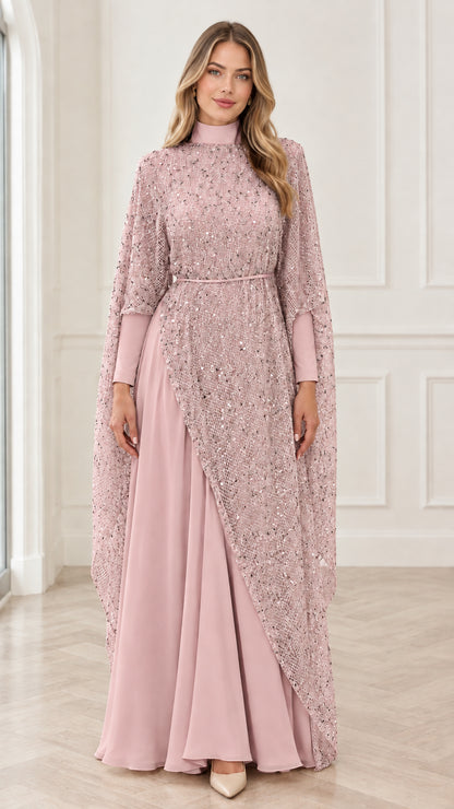 Dusty pink high neck sequin cape maxi formal dress