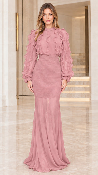 Model wearing Dusty Pink ruffled long sleeve smocked maxi dress